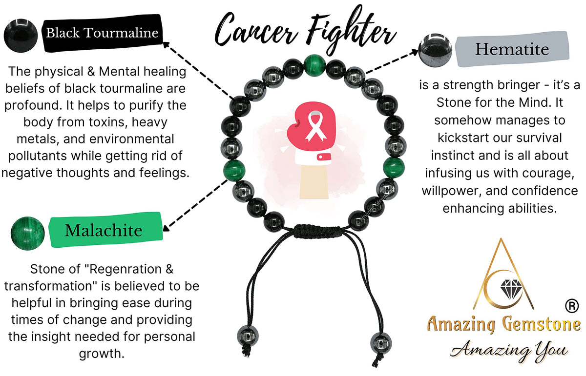 Amazing Gemstone Cancer Fighter Bracelets - Malachite Hematite Black Tourmaline Bracelet Set for Men Women Healing Crystal Gifts for Breast, Lung, Bowel, Prostate Cancer