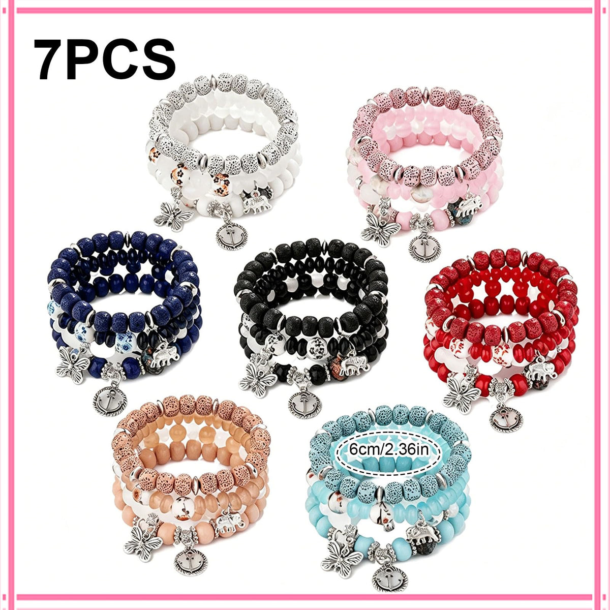 JununGao 7 Pack Bohemian Boho Bracelets for Women Set,Stackable Bracelets, Stretch Multilayer Colorful Beaded Charm Bracelets, Handmade Jewelry.