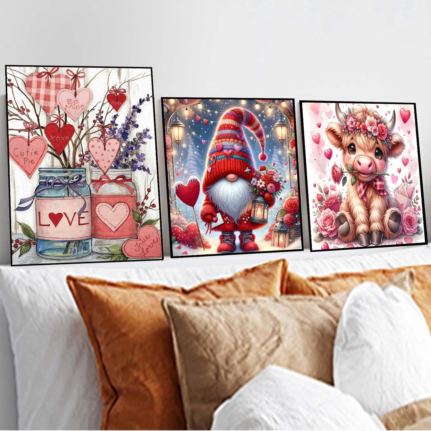 3 Pack Diamond Art Kits for Adults, Valentine's Day Diamond Painting Kits for Adults, 5D DIY Gem Art Paint With Diamonds Dots Crafts Kits for Home Decor Gift 12x16in/14x14in (Gnomes Cow and Flowers)