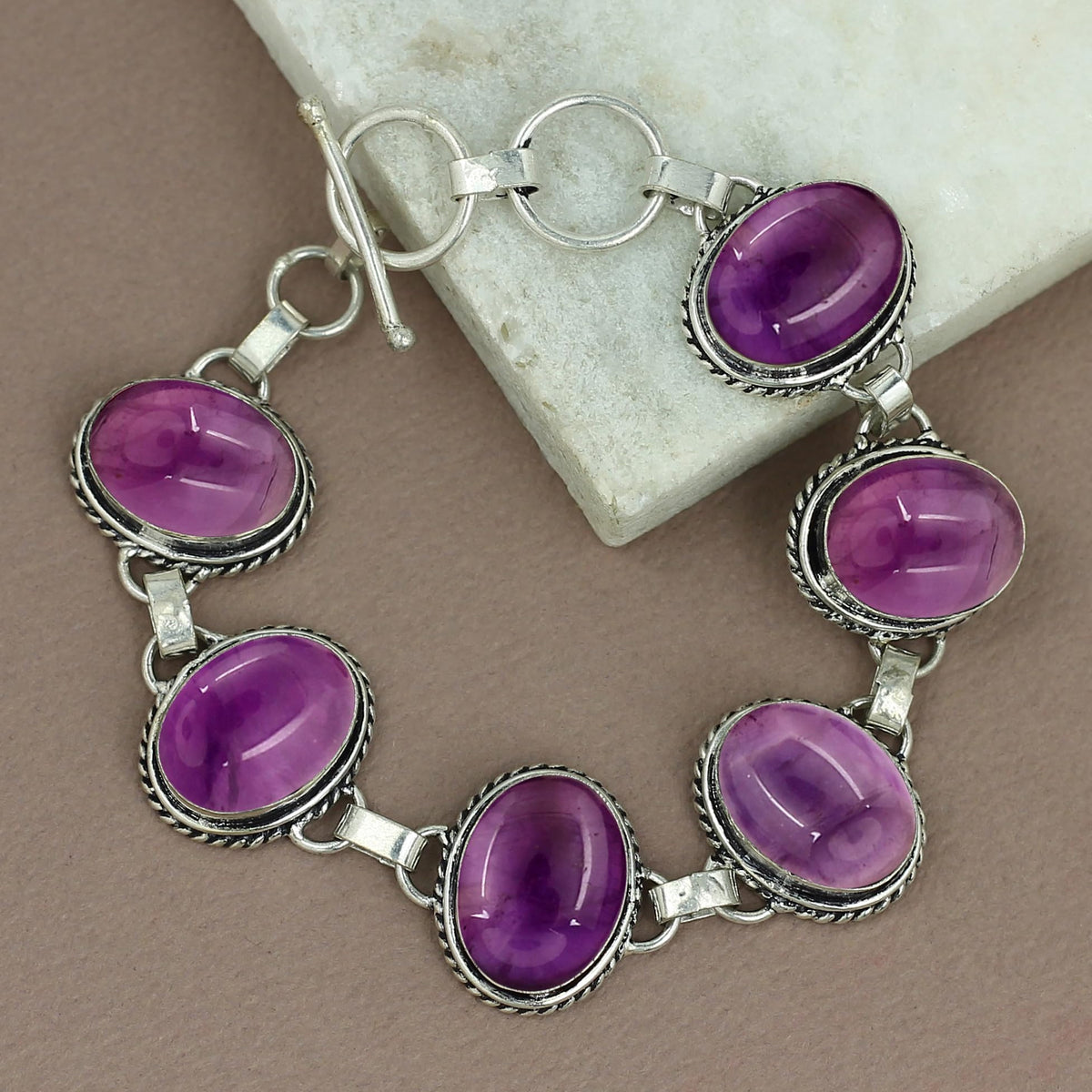 Natural Amethyst Silver Plated Handmade Link Bracelet for Women - February Birthstone Oval Gemstone Adjustable Bracelet Vintage Style Jewelry - Enegagement Wedding Christmas Gifts for Her