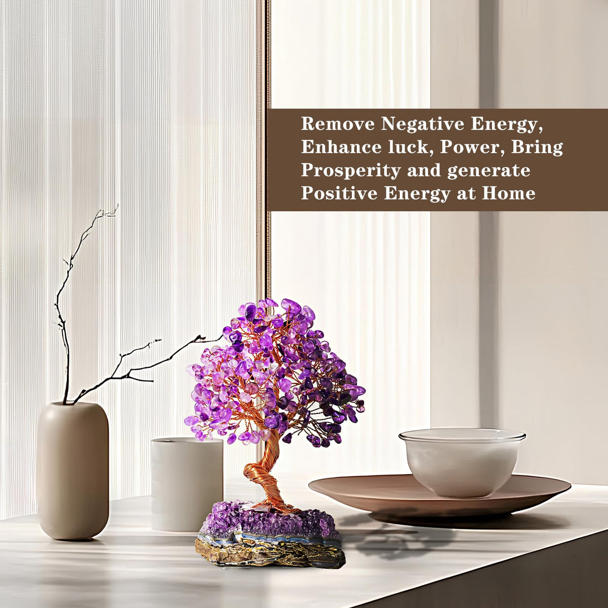 Runyangshi Natural Crystal Amethyst Cluster Tree Tree of Life Natural Crystal Healing Stones Gemstone Trees Fengshui Good Luck Positive Energy Home Decor