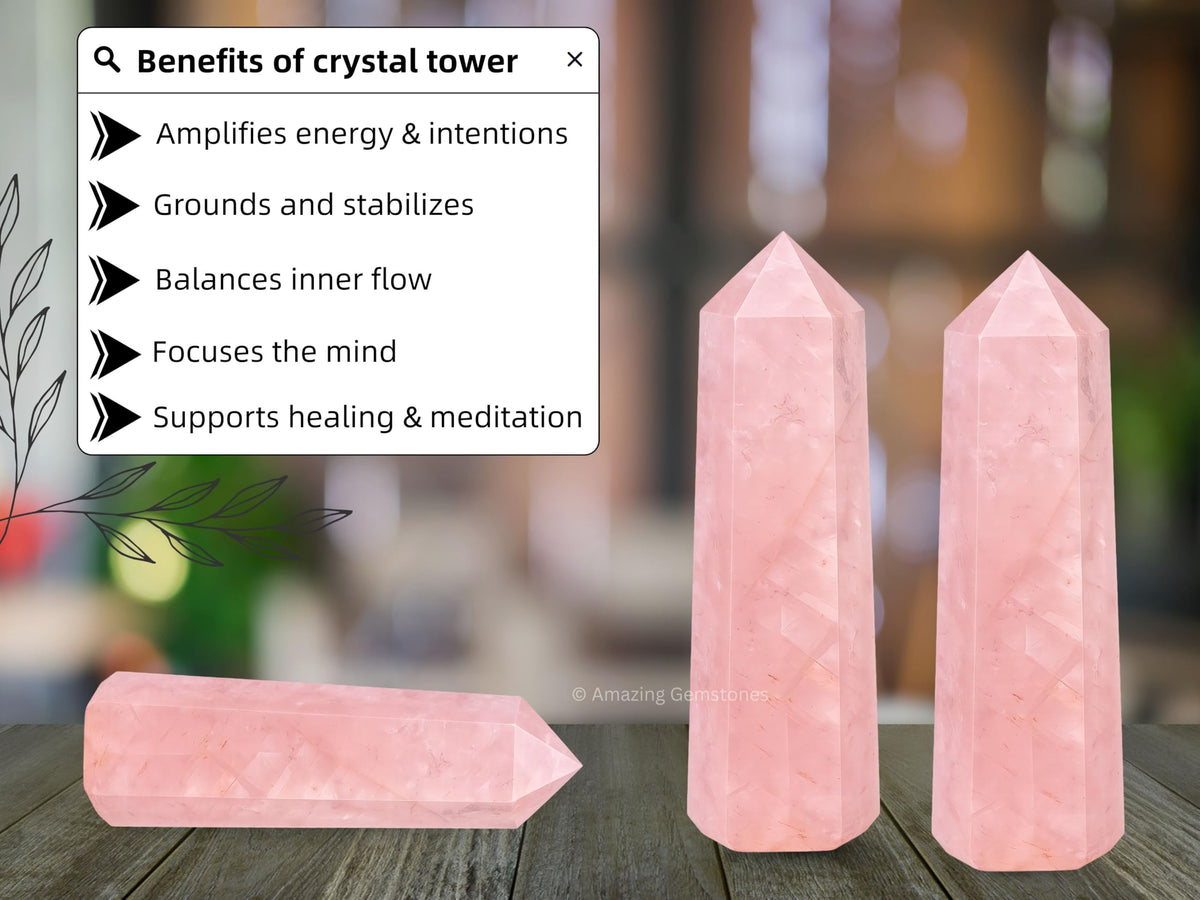 Amazing Gemstone Star Rose Quartz Crystal Towers - Natural Healing Crystal Point Obelisk for Reiki Healing and Crystal Grid (3" to 4" INCH)