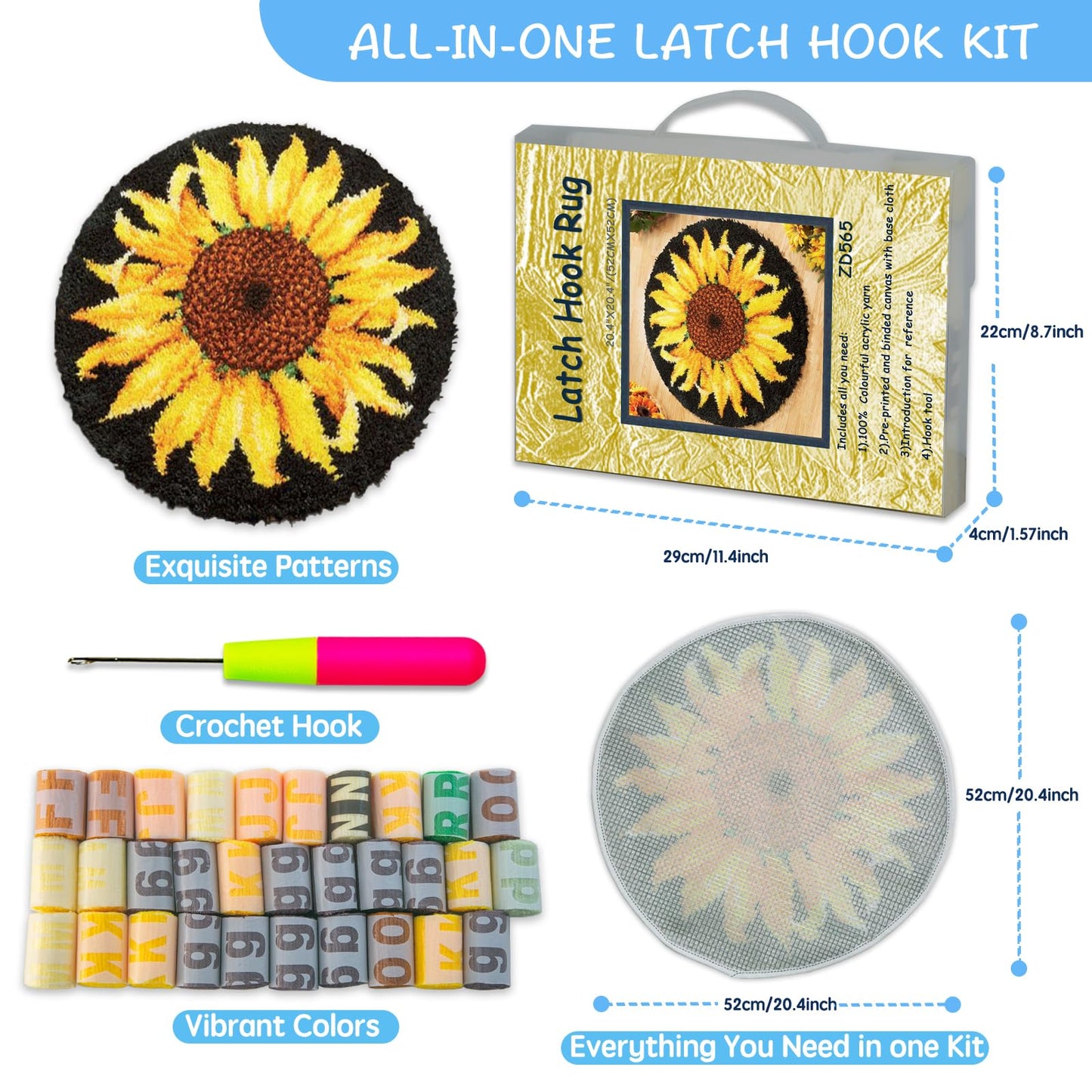 MIAOLLUN Hummingbird Flower Latch Hook Kits for Adults Beginner, DIY Bird Pre-Printed Canvas Rug Cushion Making Craft Embroidery Crochet Yarn Kit 52X38cm