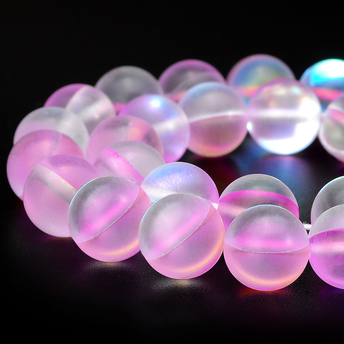 RUBYCA 8mm Round Moonstone Matte Crystal Glass Beads Aura for Jewelry Making Pink, 1 Strand