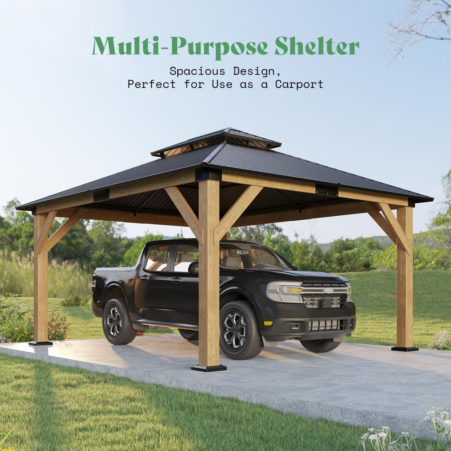 LUXOAK 13x15 Wood Gazebo, Hardtop Outdoor Gazebo with Aluminum Double Roof, Outdoor Wooden Pavilion for Parties, Backyard, Patio, Lawns, Black + Natural Wood