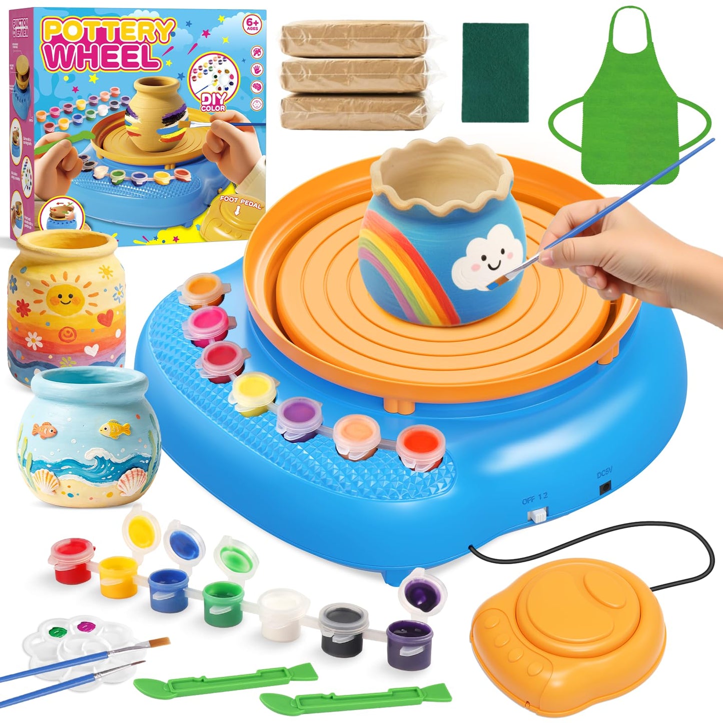 Pottery Wheel for Kids Complete DIY Pottery Painting Kit, Arts and Crafts for Kids Ages 8-12 with 3 Air-Dry Clay Packs and Tools, Art Supplies Toys Birthday Easter Gift for Boys Girls 6+ Years Old