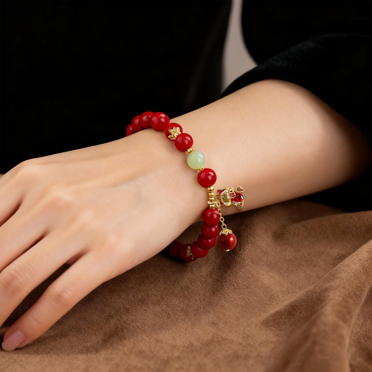Buddha Stones Mothers Day Gifts 8mm Red Cinnabar Bracelet for Women, Feng Shui Lucky Cat Charm Bracelet with Jade, Healing Bracelets Attract Wealth and Good Luck, Stretch Bead Jewelry