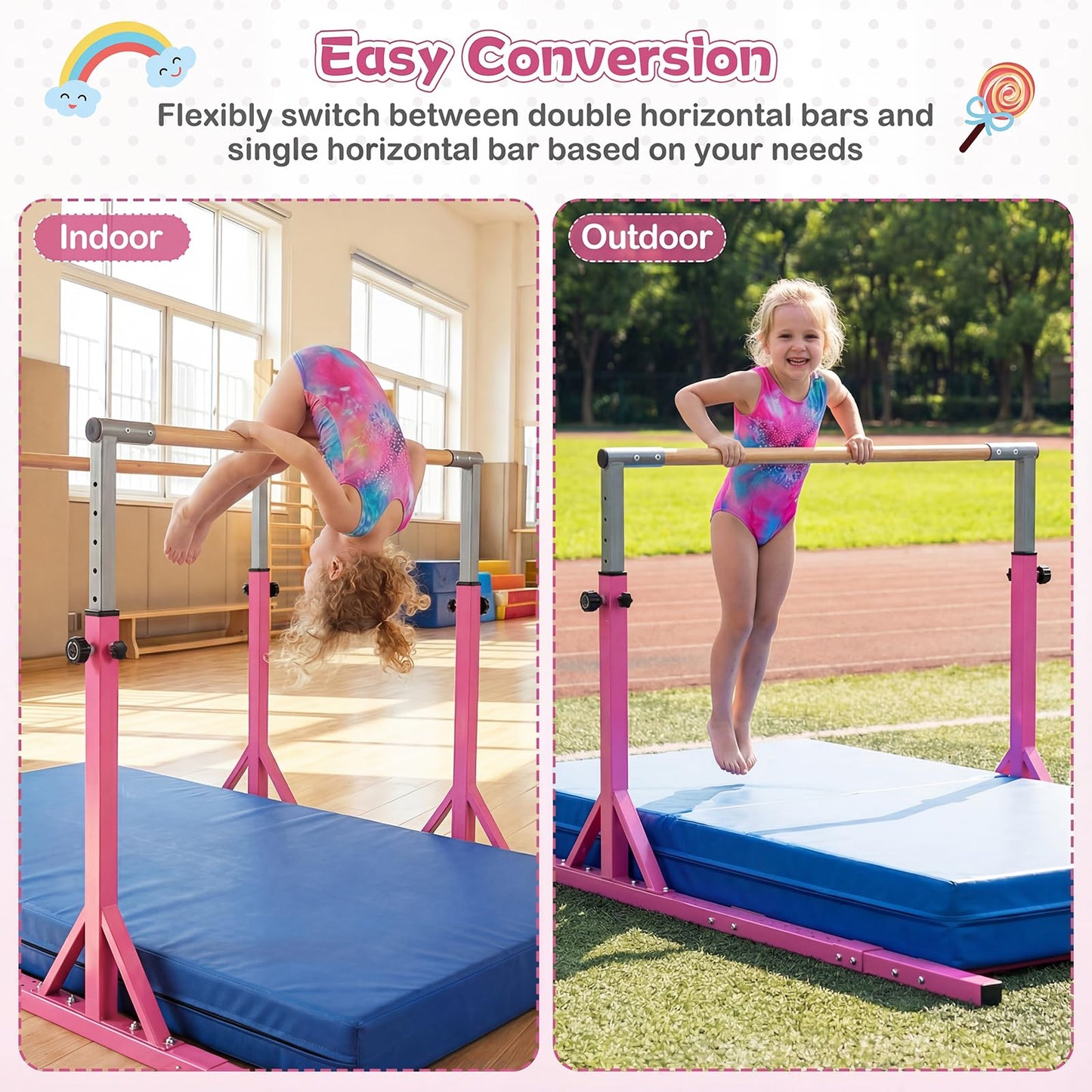 Goplus Double Horizontal Bars, Junior Gymnastic Parallel Bars with 13-Level 33"-57" Adjustable Heights & 6-Level Adjustable Width, 350 LBS Capacity for Indoor Outdoor Training (Pink)