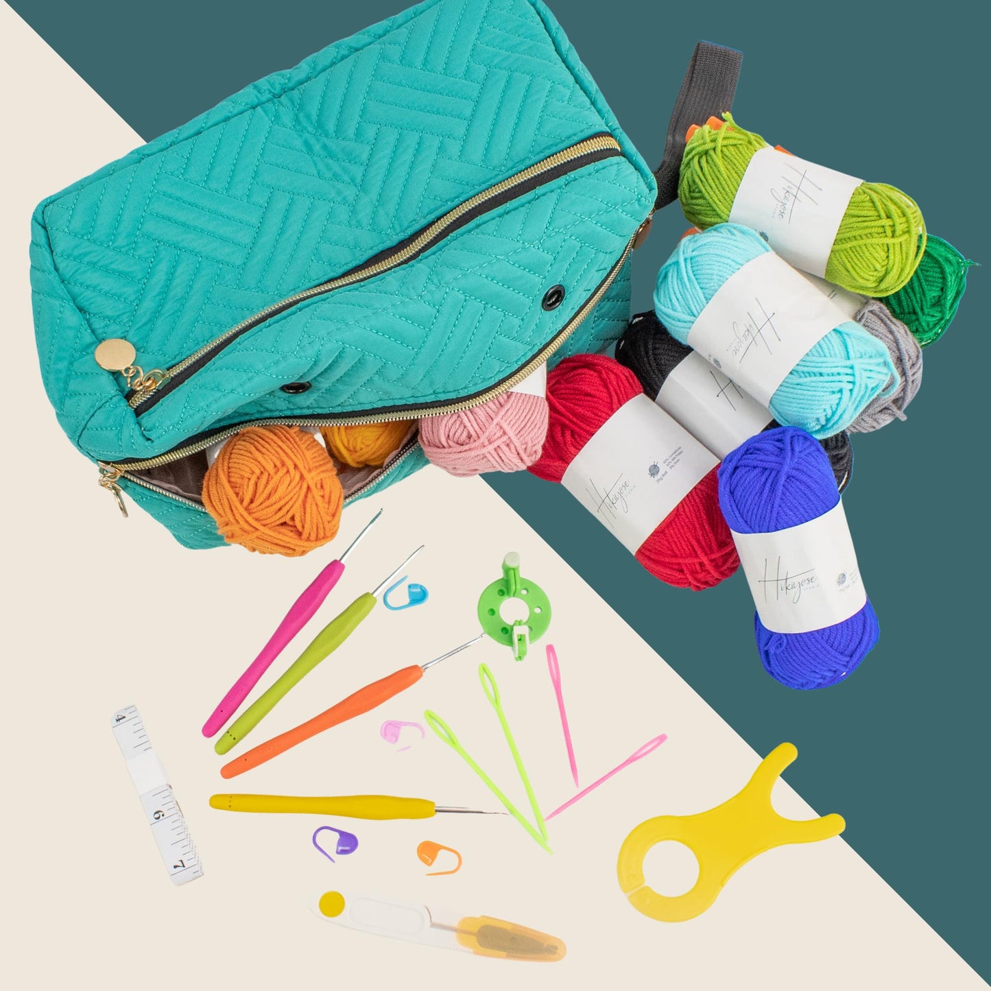 Hikiyose Crochet Kit for Beginners Adults - Crochet Accessories with 12 Soft Crochet Yarn Set, 9 Hooks, Storage Bag, Blue Whale Video Tutorial - Easy Crochet Kit for Beginners Kids, Hobbies for Women