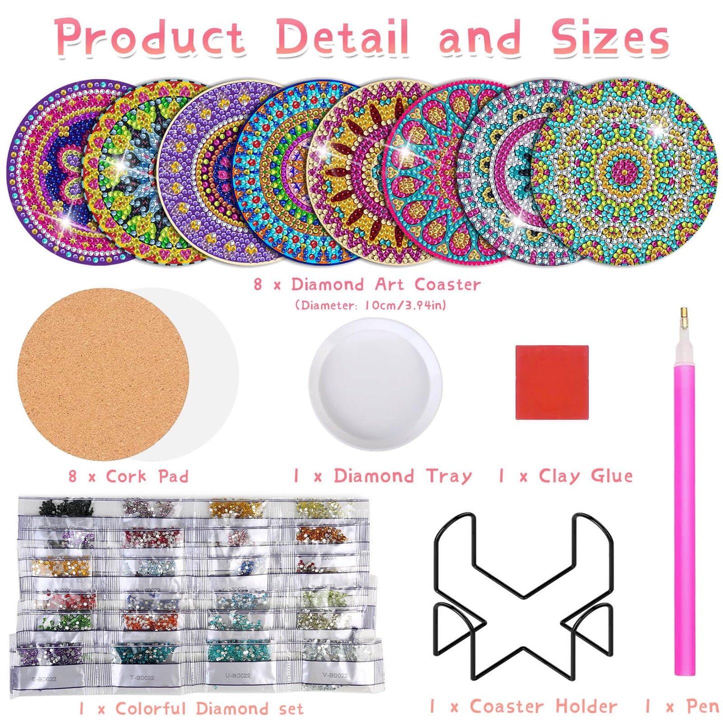 Billbotk Diamond Painting Coasters Kit, 8 Pieces Mandala with Holder, DIY Art for Beginners, Kids