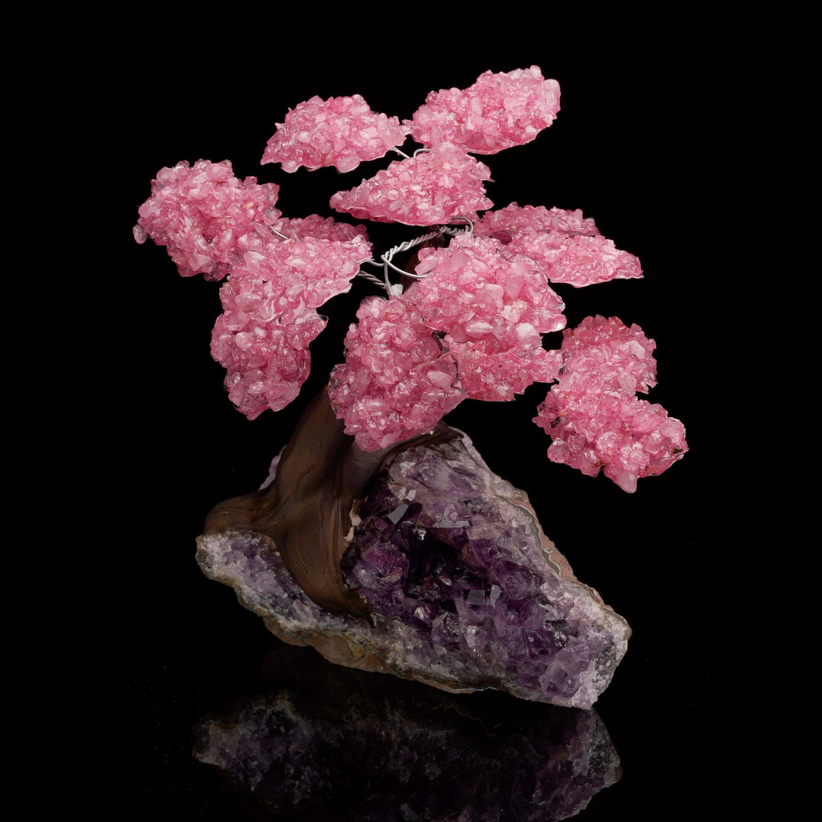 Rose Quartz Gemstone Tree on Amethyst Base, Crystal Tree with Natural Rose Quartz and Amethyst Stone, Decorative Healing Crystal Bonsai Tree