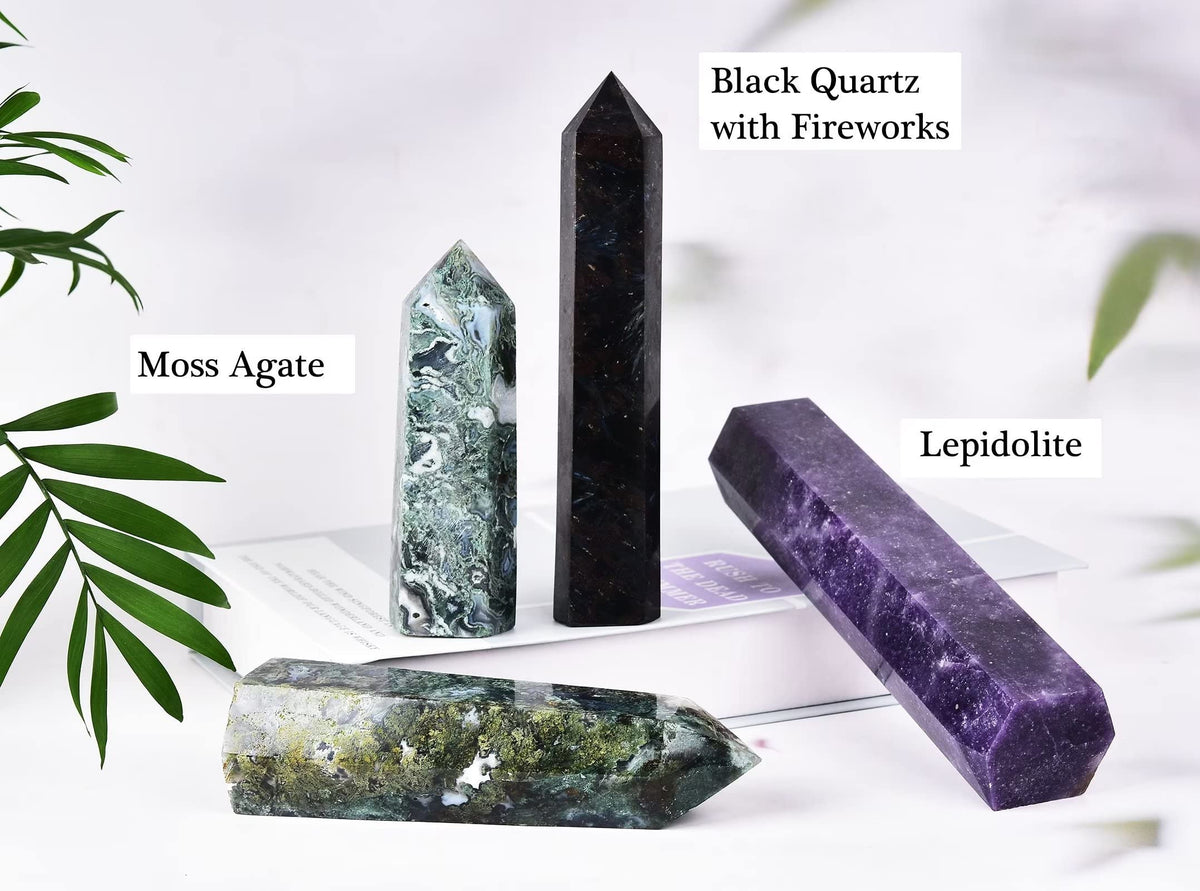 AMOYSTONE Large Healing Crystal Obelisk Towers Moss Agate Point Wand Home Decor Reiki Healing 1.1-1.7 LBS