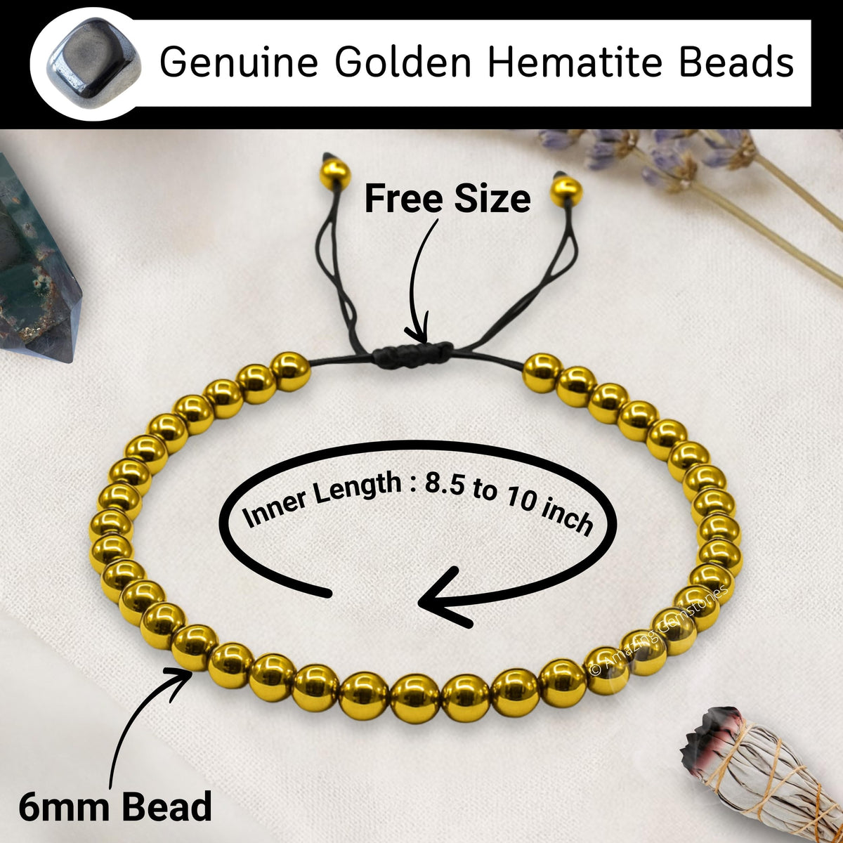 Amazing Gemstone Golden Hematite Anklet Ankle Bracelets for Women - Waterproof Beaded Healing Crystal Anklets, Plus Size Chakra Gemstone Bead Anklet (Stretchy Adjustable - Plain)