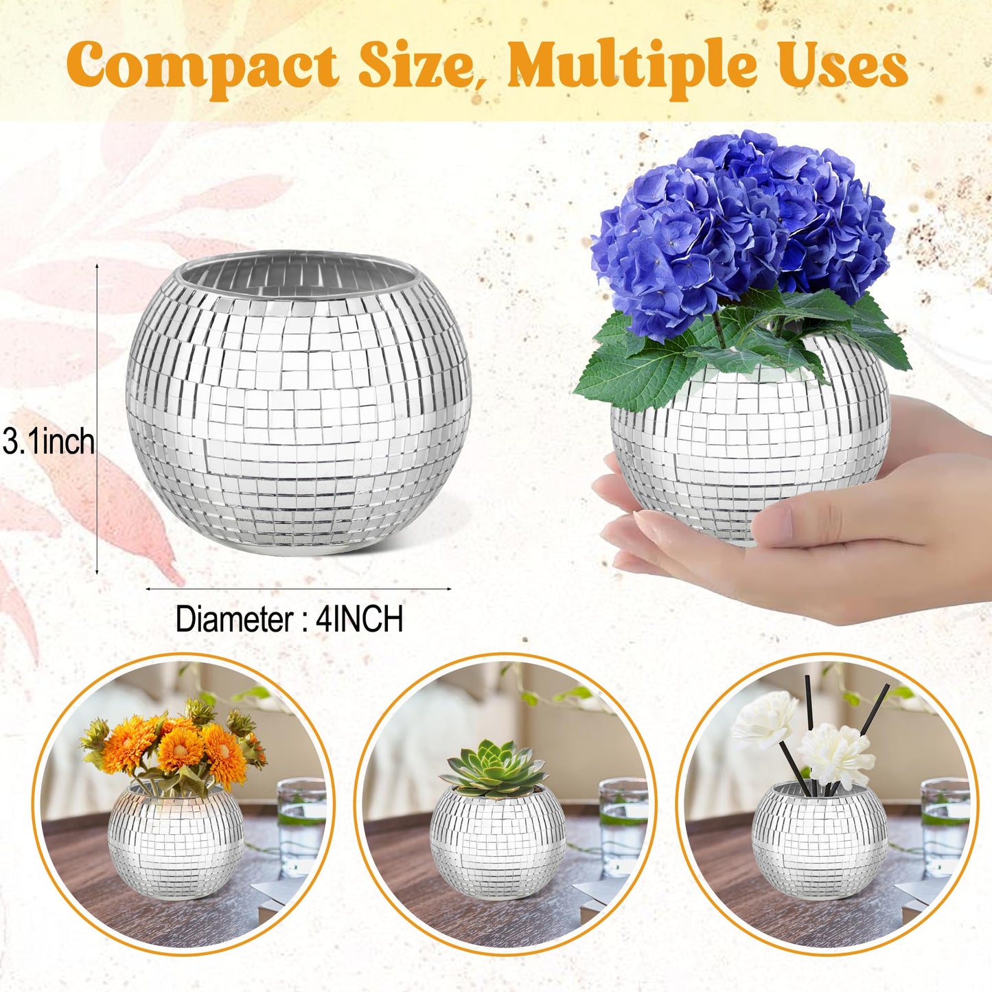 Wacloud 6Pcs Disco Ball Vase Set – Mirror Vases for Table Centerpieces, Real Glass Mosaic Flower Planter for Wedding, Birthday, Home Décor & Party Decoration – Sparkling Retro Disco Ball Home Accent