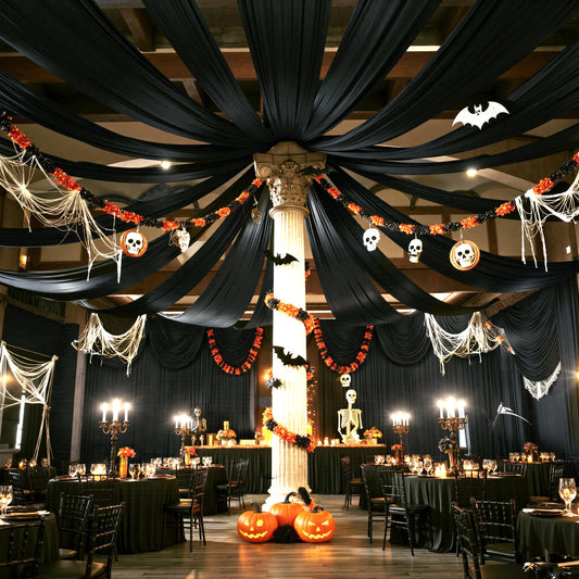 10 Panels 5ftx30ft Black Ceiling Drapes for Halloween Parties – 30 FT Extra Long Thick Polyester Wrinkle-Free Drapery Tent Decor Decorations for Birthday Party Ceremony Stage Swag