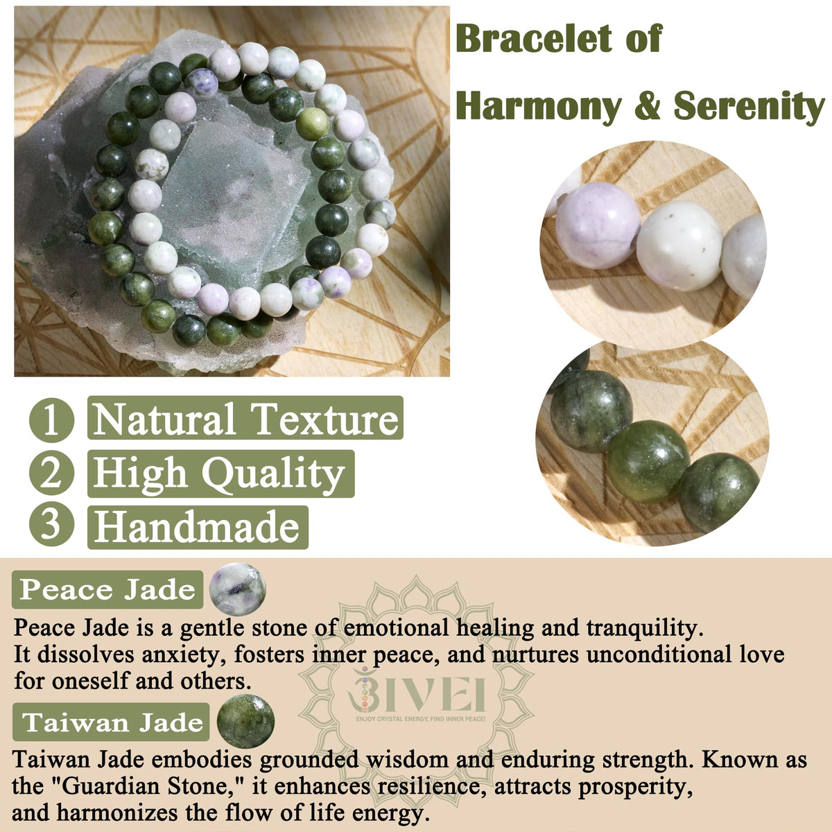Bivei Natural Gemstone Semi Precious Healing Crystals Handmade Stretchy Round Beads Bracelet, Enhance Positive Energy,Stocking Stuffers for Women(Taiwan Jade & Peace Jade (Growth & Balance)(Large))