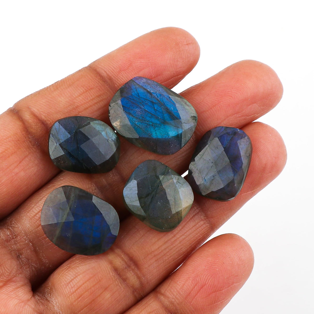 CRYSTALIS Blue Labradorite (5pcs) (12-18mm) Natural Loose Gemstone, Checkerboard-Cut, Wholesale Bulk Cabochons Jewelry Making Supply, Chakra Healing Polished Stone, Wire Wrapping, DIY, Gem Collection