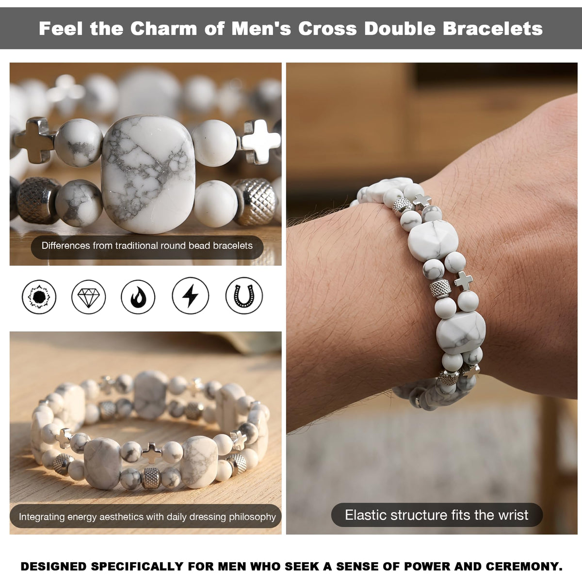 Christian Gifts for Men, Jesus Cross Bracelet for Men Handmade Double Elastic Beaded Bracelets Natural Crystal Gemstone Religious Jewelry for Boyfriend Husband Birthday Anniversary (Howlite)