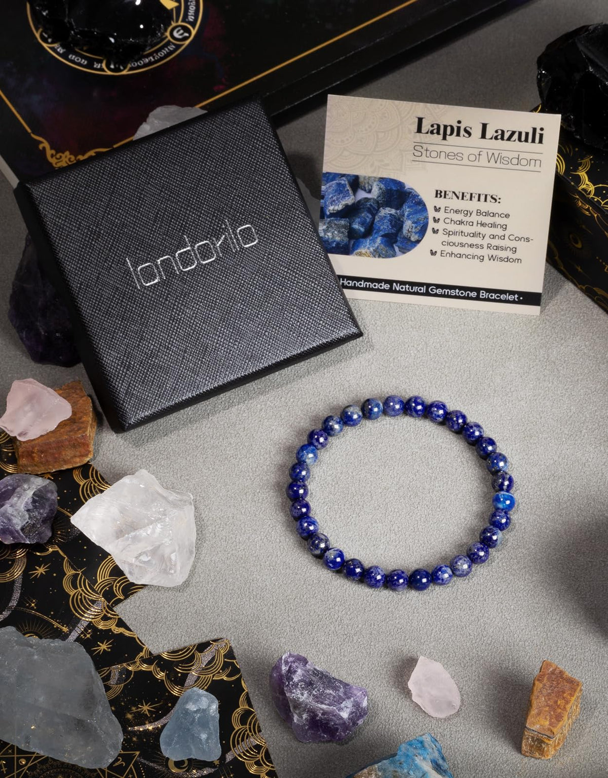 Landorilo Beaded Bracelet for Men Women, 6mm Natural Stone Lapis Lazuli Healing Crystal Stretch Bracelets, Ideal Christmas Birthday Jewelry Gifts with Energy Card，Replacement Beads Included