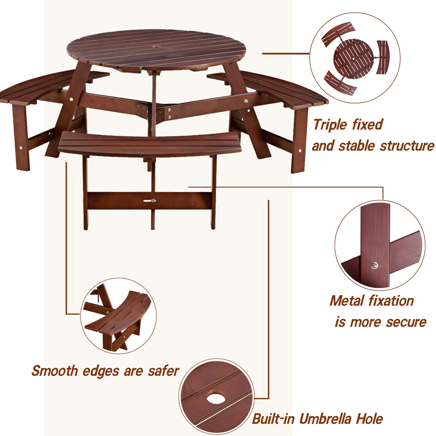 Royard Oaktree 6 Person Wooden Picnic Table, Outdoor Round Picnic Table with 3 Built-in Benches and Umbrella Hole, Outside Table and Bench Set for Backyard, Garden, Porch, Patio, Brown