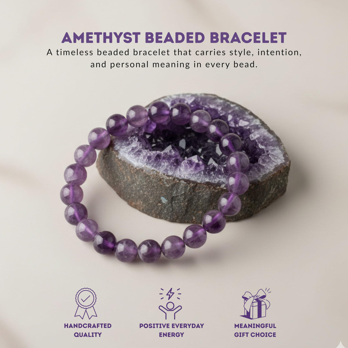 Cherry Tree Collection Amethyst Beaded Bracelet – Genuine 8mm Gemstone Stretch Bracelet for Men & Women – Handmade Crystal Bracelet - (Amethyst - S)