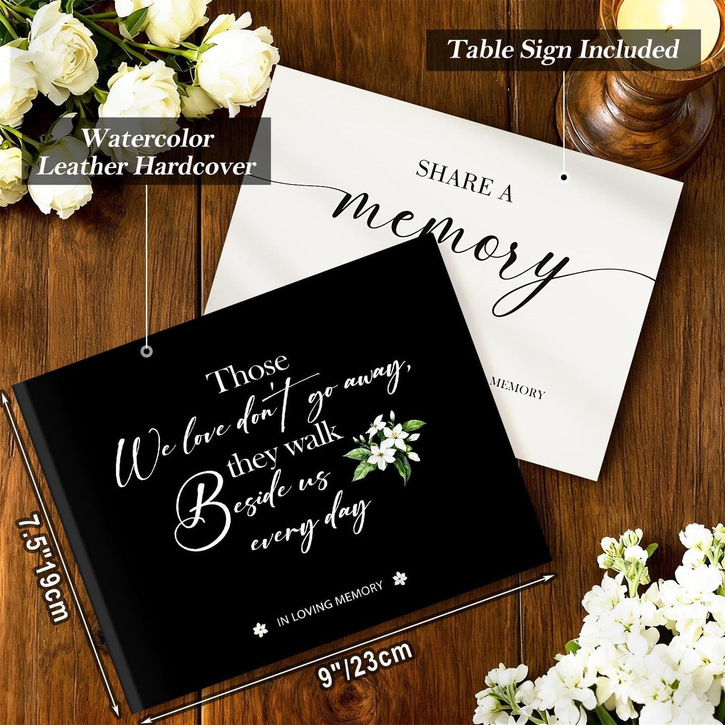 Lanpn Funeral Guest Book for Memorial Service, 100 Pages in Loving Memory Sign in Books for Guests with Memorial Table Sign, Leather Cover Funeral Favors Registry Book, Black