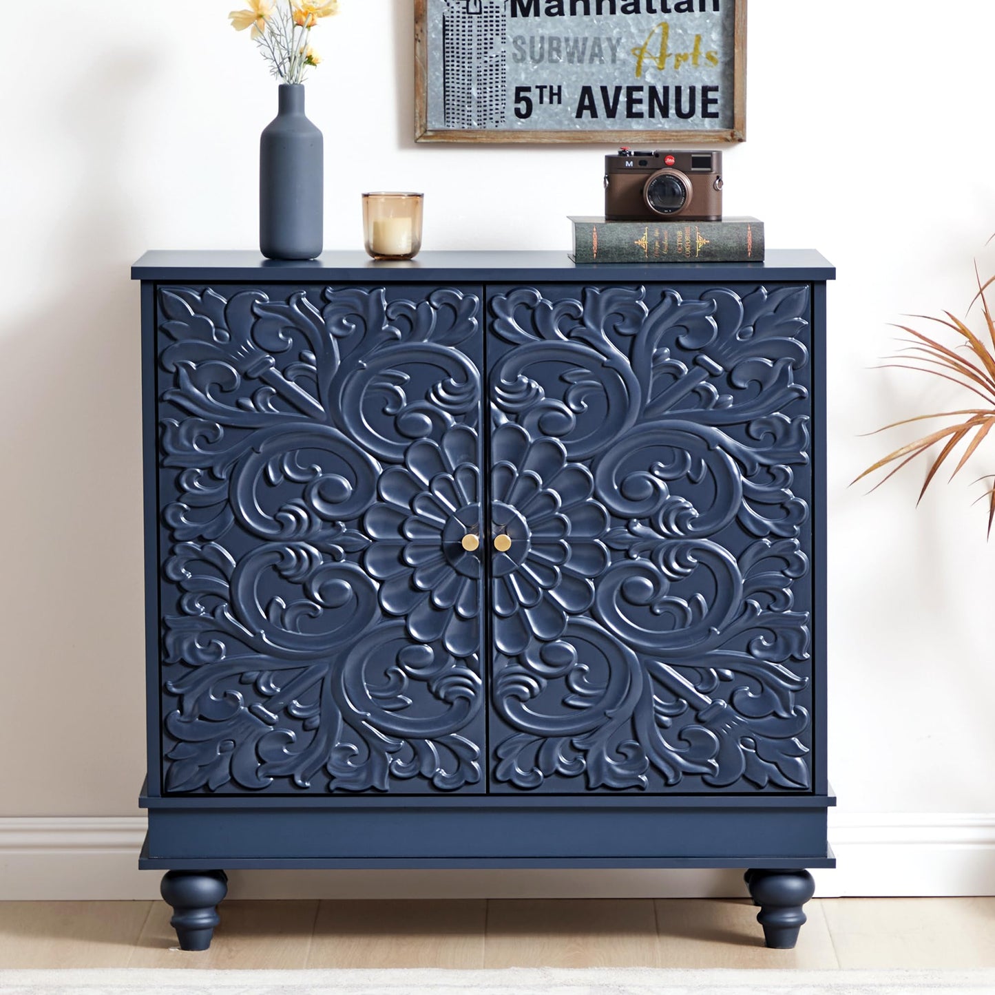 weselon Accent Cabinet Set of 2, Luxury Carving Board Buffet Cabinet with Storage, Storage Sideboard Entryway Table with 2 Doors and Adjustable Shelves (Midnight Blue)