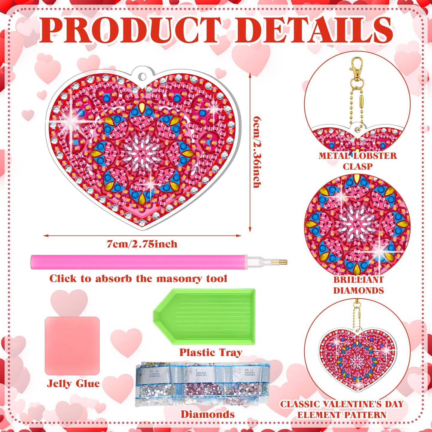 Ferreve 28 Pcs Heart Diamond Art Keychain Kits for Adults Double Sided DIY Pink Heart Diamond Painting Keychain Hanging Ornaments Rhinestone Gem Key Ring Art Pendant Decor Crafts Accessories Gifts