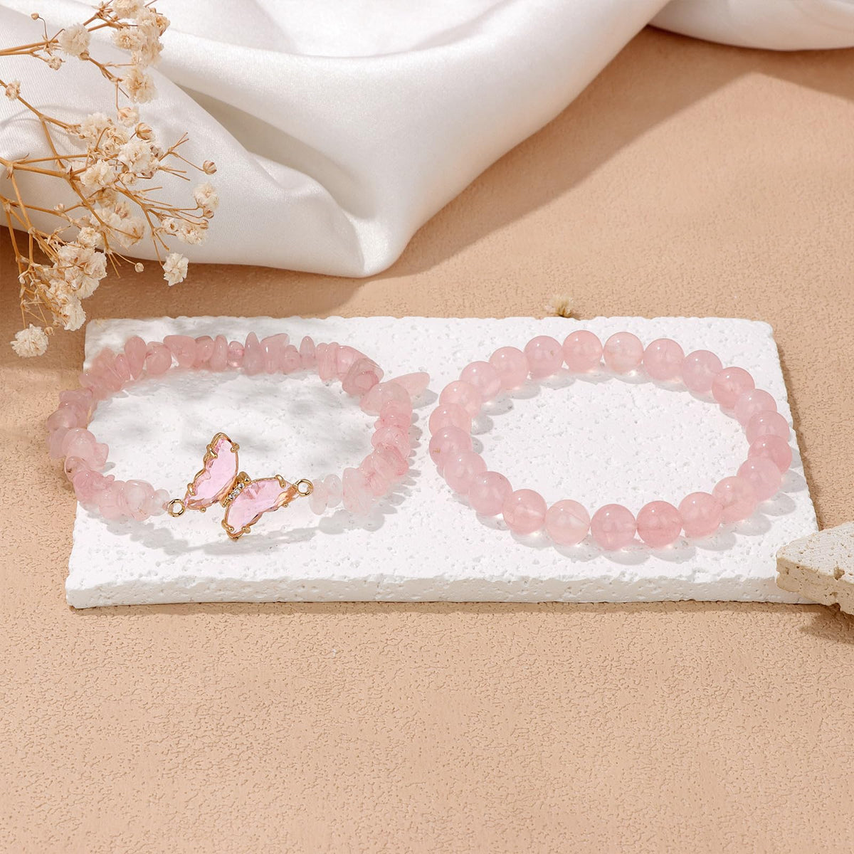 GolbalJew Rose Quartz Bracelet for Women Healing Crystal Stone Bracelets Pink Gemstone Beads Stretch Bracelet Butterfly Charms Jewelry Women Gift