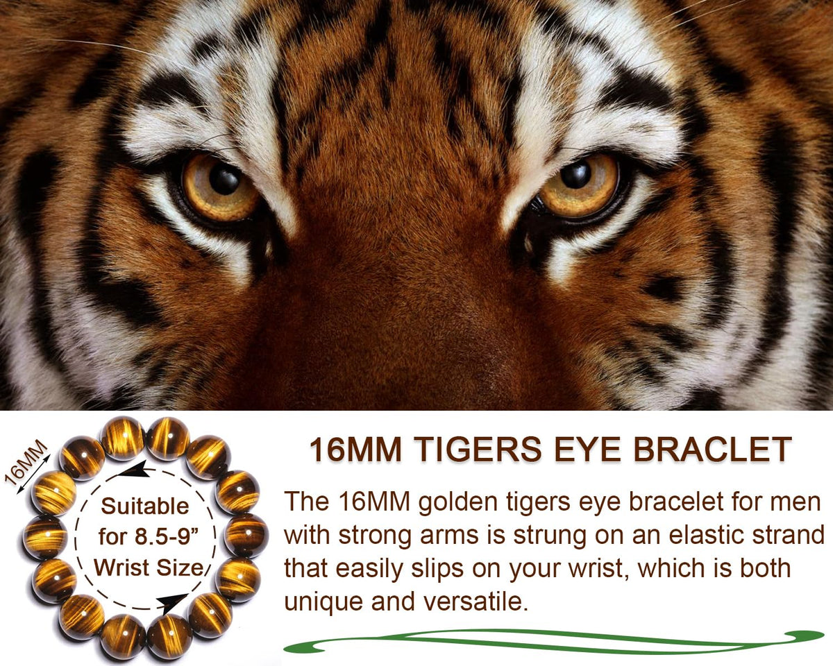 16MM Tiger Eye Bracelet for Unisex Big Beads for Men| Real International Gemstones for Anxiety Stress Diabete Relief | Bring Wealth Good Luck, Unique choice for Friends Lovers, Come with Beading Kit