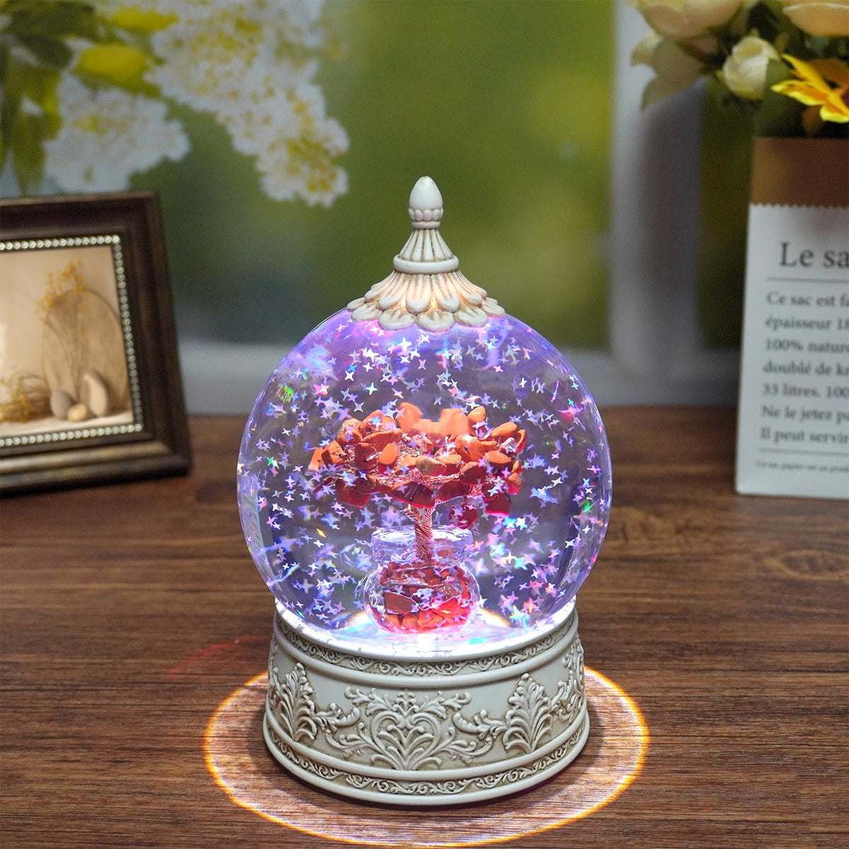 Red Jasper Healing Crystal Tree Globe with Colorful Lights Sparkling Glitter, Natural Gemstone Base, Spiritual Meditation, Positive Energy Good Luck, Home Decor, Birthday Gifts (Red Jasper)