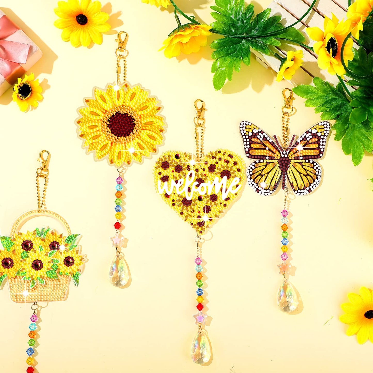 Tradder 6 Pcs Sunflower Diamond Art Kits Suncatchers for Adults Sunflower Wind Chimes Double Sided Butterfly Ornaments with Crystal Pendant for Adults DIY Summer Home Garden Hanging Ornament