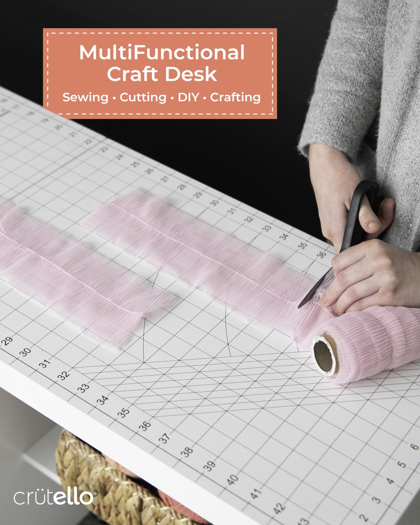 Crutello Sewing Table and Folding Craft Table with Storage for Adults - 46 inch Fold Out Grid Top Crafting Desk for Fabric Cutting, Quilting & Hobby