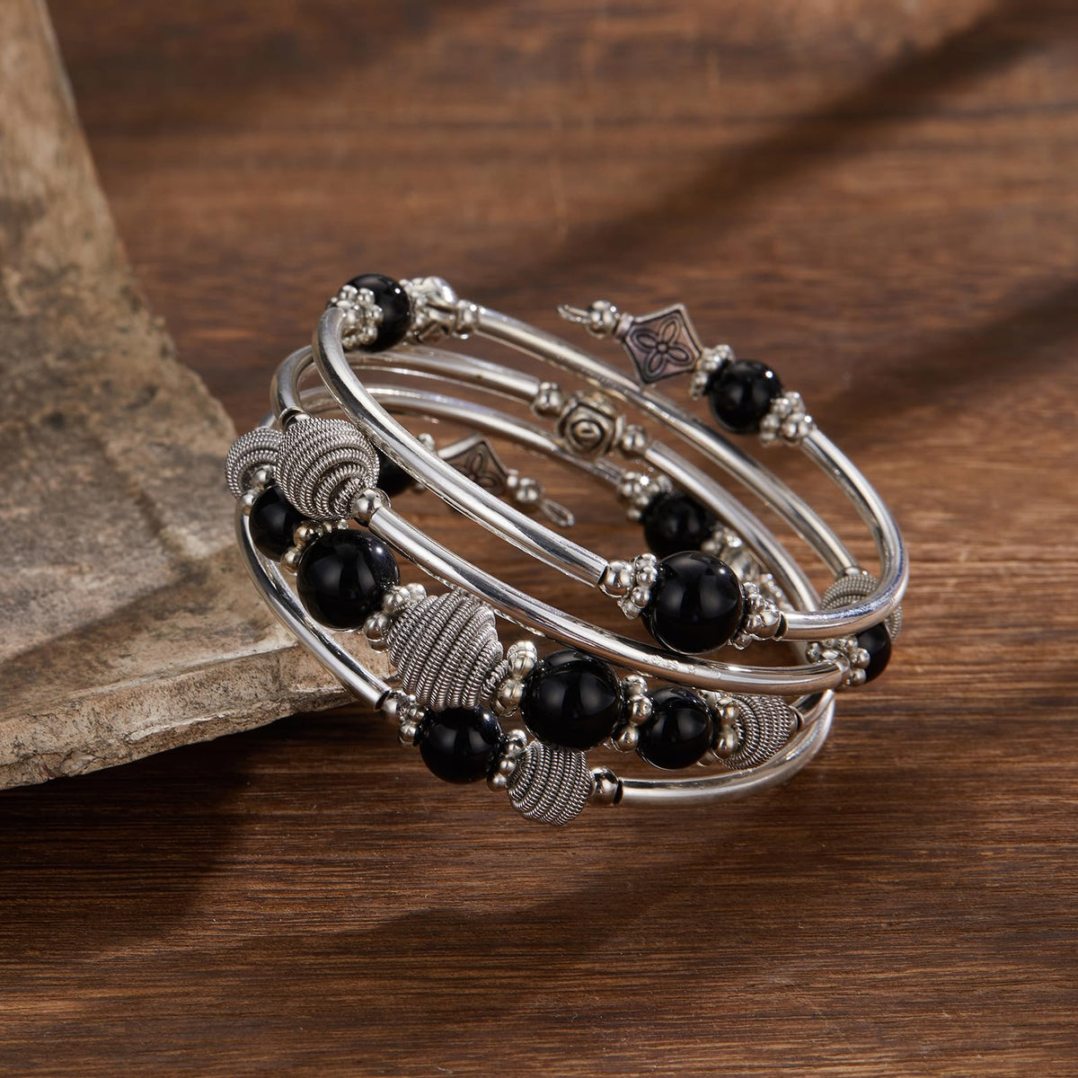 PEARL&CLUB Beaded Chakra Bangle Turquoise Bracelet - Fashion Jewelry Wrap Bracelet with Thick Silver Metal and Mala Beads, Birthday Gifts For Women(Black)