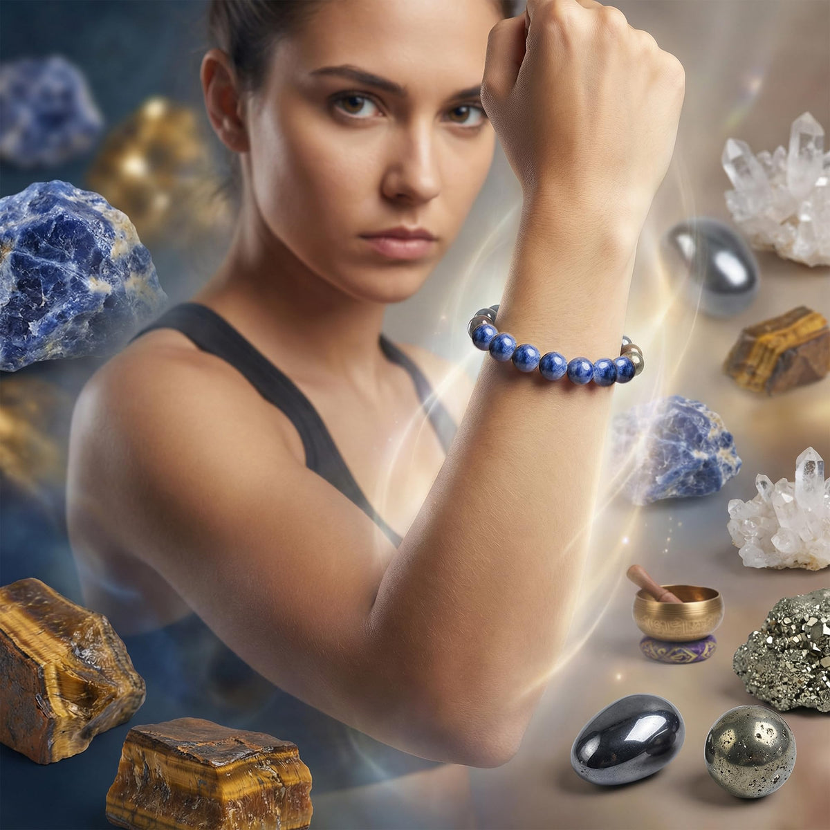 Bivei Focus Willpower Bracelet, Strength Crystal Healing Bracelet 8MM with Hematite & Tiger Eye & Sodalite & Pyrite - Spiritual Stretch Beaded Jewelry for Women Men Gift