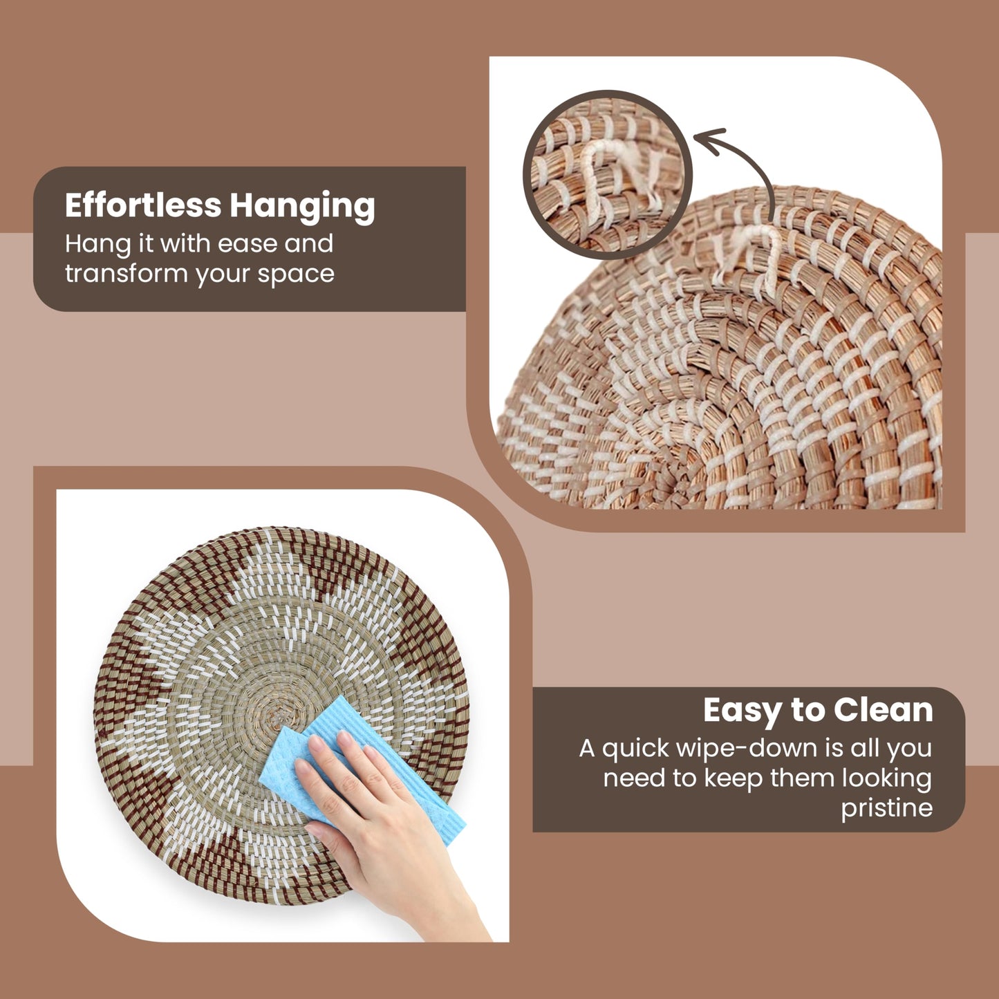 Boho Wall Basket Decor Set – 7 Seagrass Woven Baskets + Macrame | Handcrafted Natural Wall Art | Ready to Hang with Hooks Included | Boho Scandinavian Home Decor for Living Room Bedroom Entryway