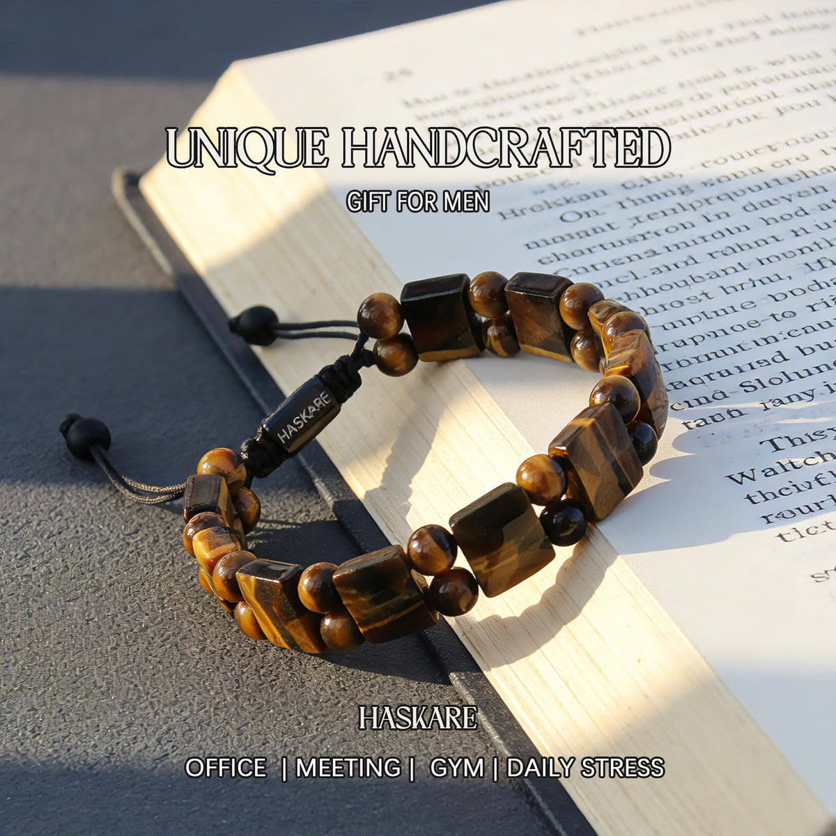 Tiger Eye Bracelet for Men, HASKARE Natural Men Beads Bracelet Energy Healing Stone Protection Crystals for Anxiety, Genuine Crystal Mens Beaded Bracelet Drawstring Unique Jewelry Gift for Mens Balance
