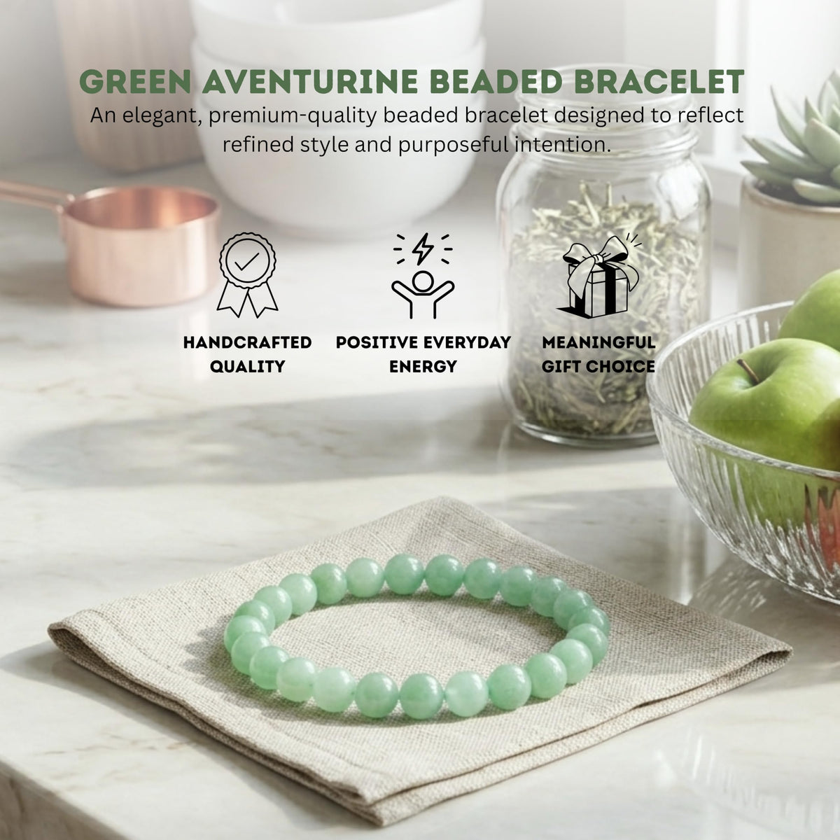 Cherry Tree Collection Green Aventurine Beaded Bracelet – Genuine 8mm Gemstone Stretch Bracelet for Men & Women – Handmade Crystal Bracelet - (Green Aventurine - S)