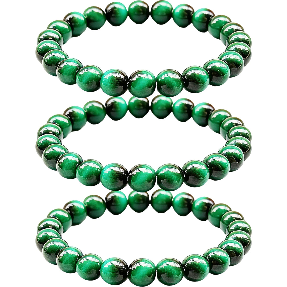 Cryhand 3PCS Female 8mm Beaded Bracelets For Women Simulated Green Tigers eye Bracelet for Men Handmade Lucky Money Stretchy Crystal Bracelets Best Gifts