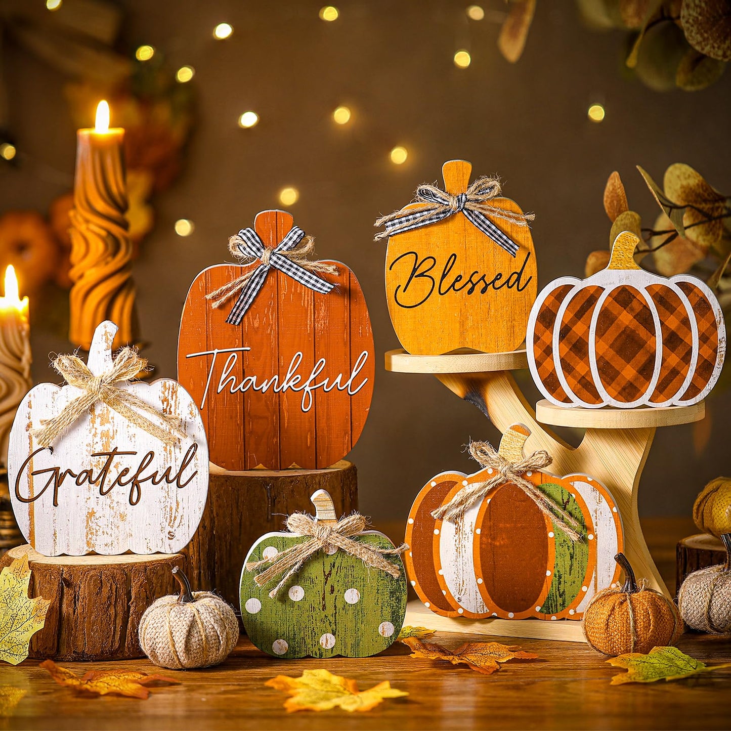 Yousoontic 6 Pcs Thanksgiving Decor for Home Pumpkin Wooden Block Sign Autumn Fall Table Centerpiece for Thanksgiving Tiered Tray Harvest Table Mantel Shelf Decor(Classic)