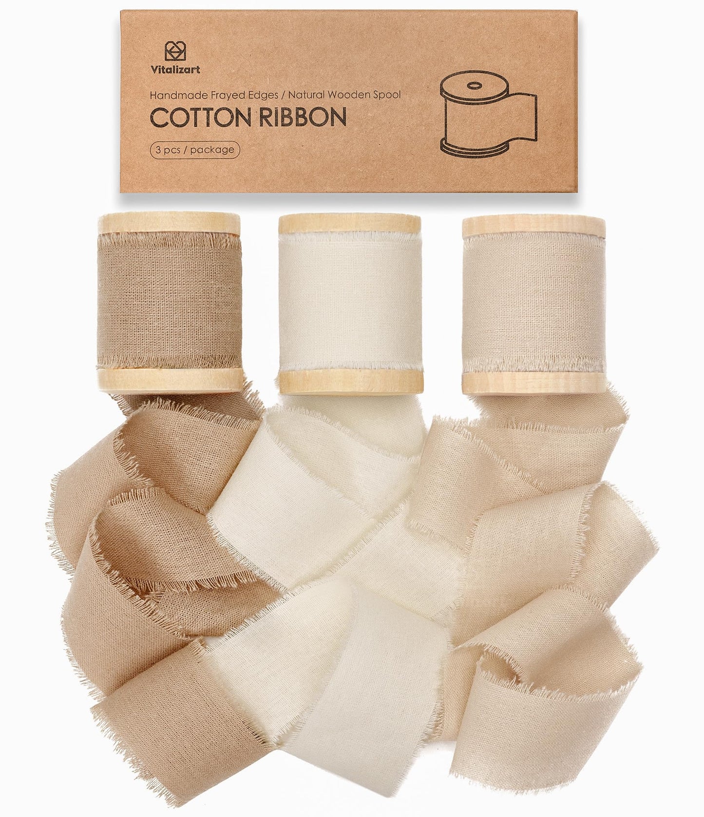 Vitalizart 100% Cotton Ribbon 1-1/2" x 15 Yd Nude Beige Cream Handmade Frayed Fringe Fabric Ribbons for Gift Wrapping Wedding Invites Bridal Shower Bouquets Christmas Decorations