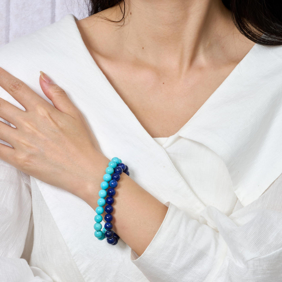 Bivei 2-Piece 8mm Beaded Bracelets for Women – Green Turquoise, Lapis Lazuli – Handmade Natural Crystal Stretch Elastic Jewelry for Meditation, Yoga, Protection Gifts
