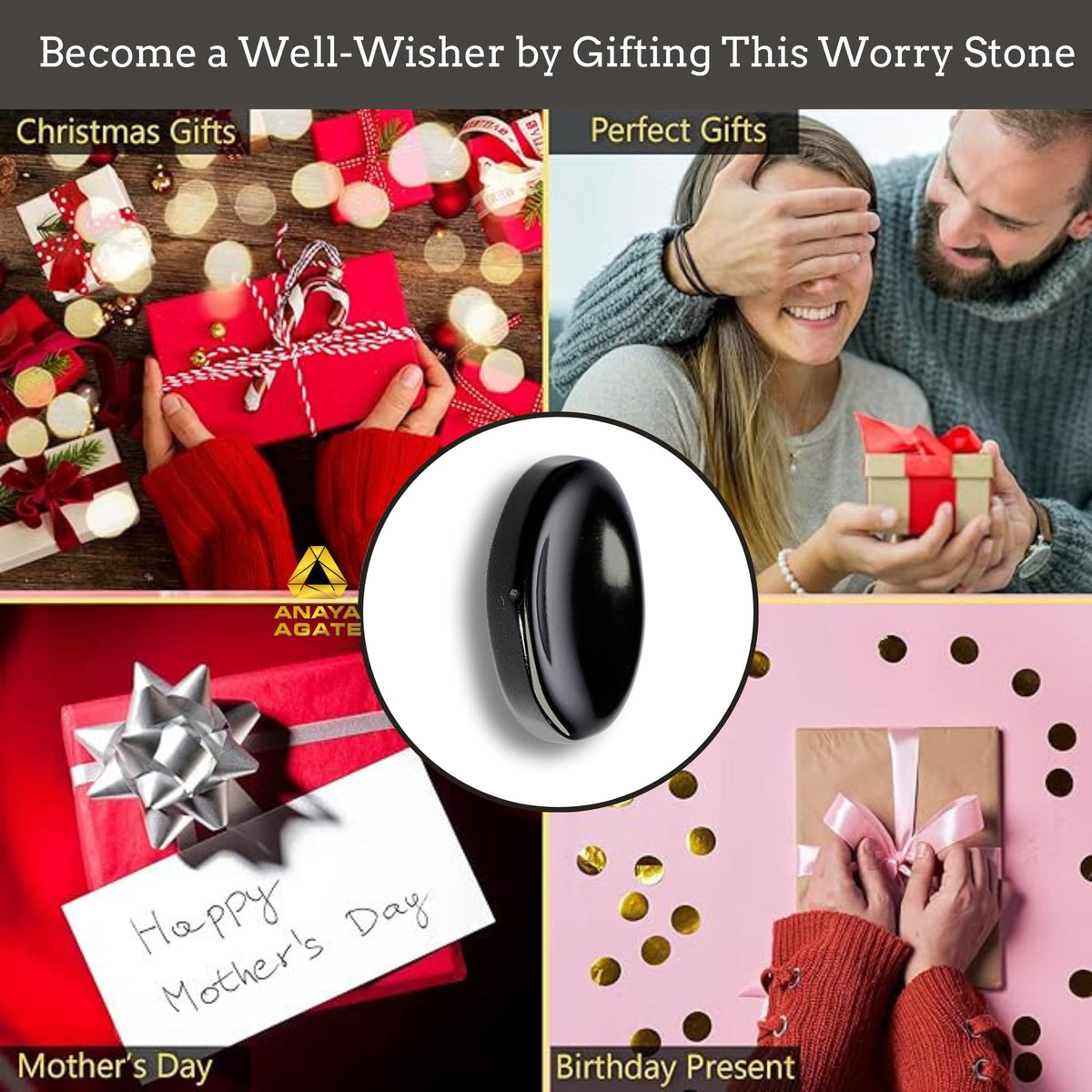 Anaya Agate Black Tourmaline Worry Stones Certified Crystal Thumb Worry Stone for Anguish, Relaxing and Soothing Balance Stones for Meditation, Stress Relief Crystals and Healing Stones for Men, Women