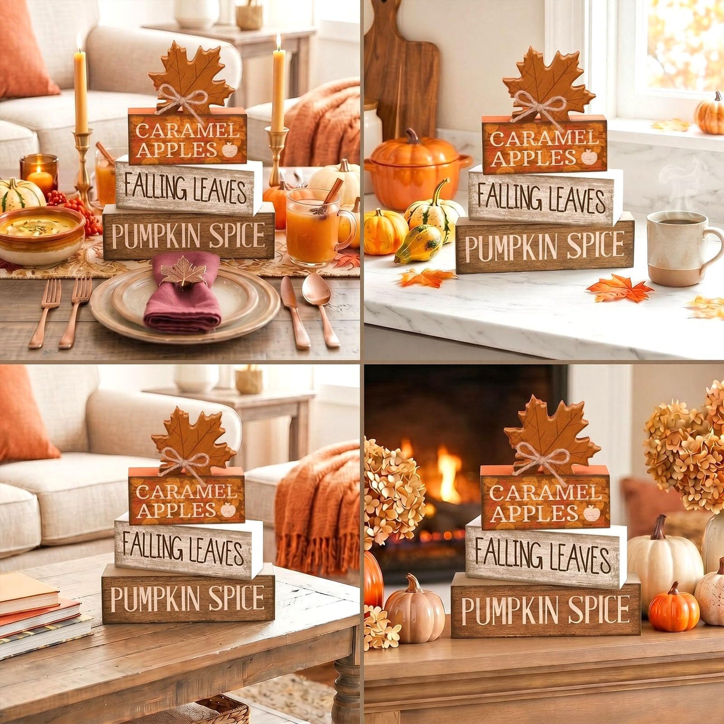 Moucuny 4 Pcs Fall Decor Wooden Maple Leaf Decoration Thanksgiving Tiered Tray Decor Rustic Wooden Maple Leaf Block Signs Thanksgiving Table Centerpiece Farmhouse for Autumn Harvest Party Kitchen Home