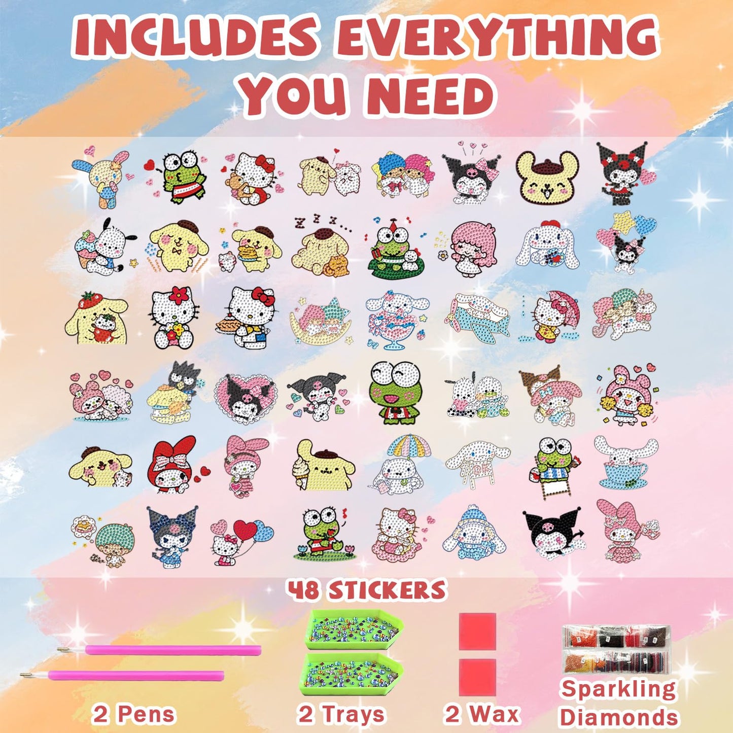 CYNART 48 Pcs Diamond Art Stickers for Kids, Small Diamond Painting Stickers Kits for Kid, Mini Diamond Painting Arts and Crafts for Kids Ages 8-12 for Birthday Party Holiday Gifts