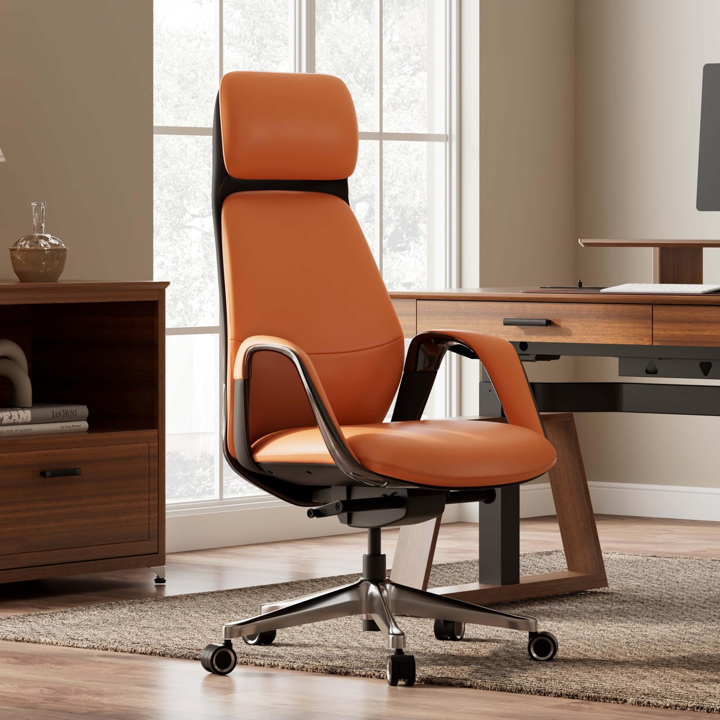 EUREKA ERGONOMIC Serene Executive Office Chair, Premium Nappa Leather High Back Boss Chair with Aluminum Base, Ergonomic Chair with Lumbar Support & Recline, Heavy Duty for Long-Hour Comfort, Orange