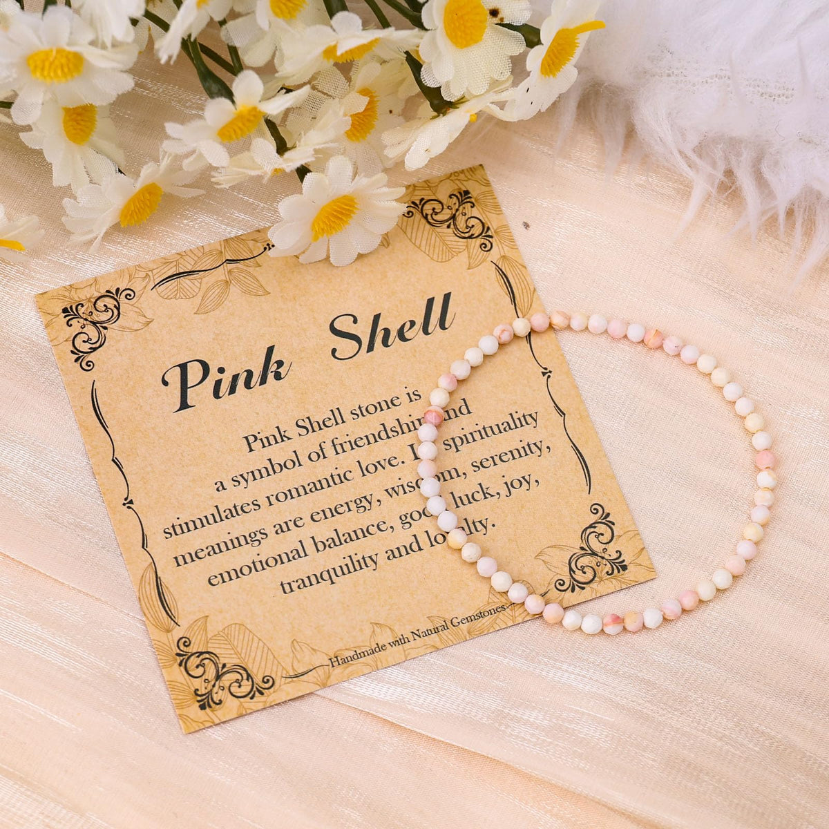 BONNY BOXX Natural Genuine Gemstone Faceted Round Beads Bracelets, 3mm Adjustable Stretchy Tiny Faceted Pink Shell Bracelet, Healing Crystal Reiki Chakra Dainty Jewelry Fashion Gifts