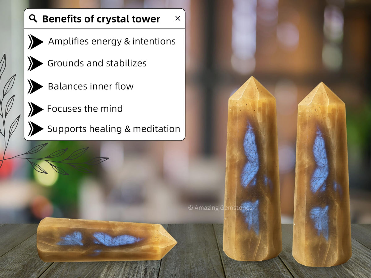 Amazing Gemstone Sun Moonstone Crystal Towers - Natural Healing Crystal Point Obelisk for Reiki Healing and Crystal Grid (3" to 4" INCH)