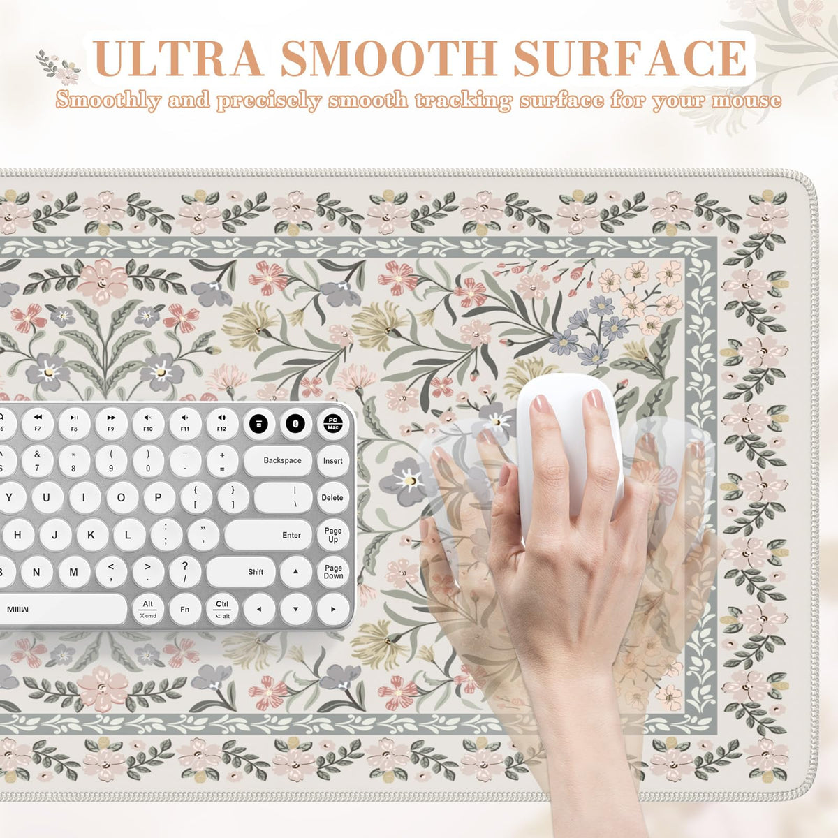 iCasso Desk Matt for Desktop, Cute Desk Pad Mat, XXL Large Mouse Pad, Anti-Slip Big Mousepad with Stitched Edges, Keyboard Pad for Computer(Gray Floral)
