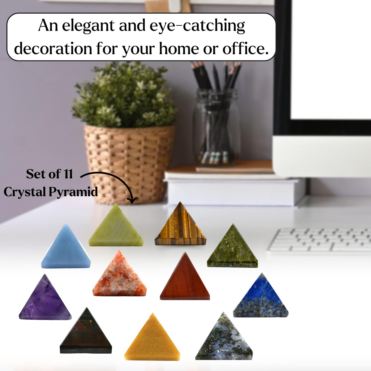 Amazing Gemstone Pack of 11 Crystal Pyramid Healing Stones - 1" Wholesale Bulk Crystals Pyramid Figurine of Natural Stone for Meditation, Reiki, Chakra Balancing and Crystal Pyramids Grid